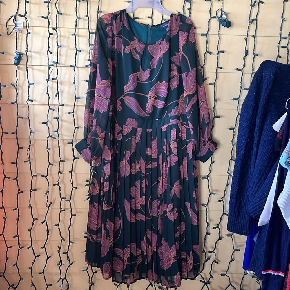 ModCloth Green and pink floral printed pleated dress